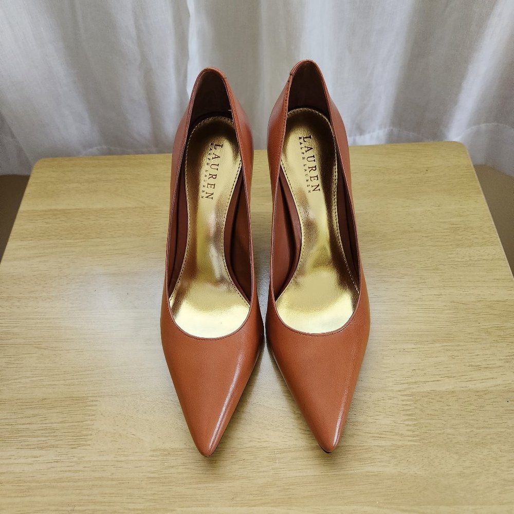 Ralph Lauren Pointed-toe Pumps, Leather, Deep Saddle Tan, Size 10, New